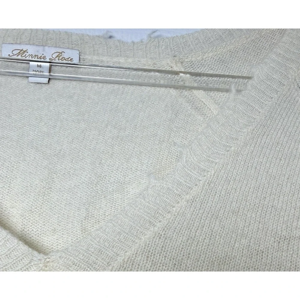 Minnie Rose 100% Cashmere Distressed V Neck Sweater Ivory Women's M Soft